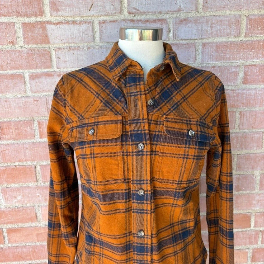 Duluth Trading Co Womens Folklore Flannel Duster‎ XS Blue Orange Plaid Insulated
